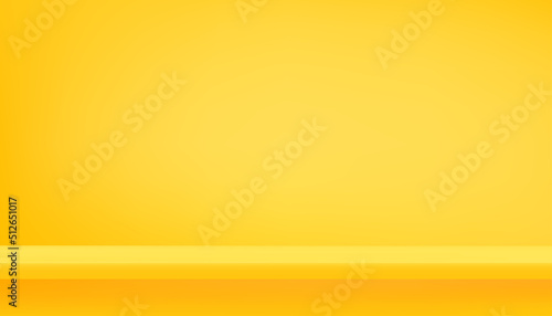 Yellow Background Empty Room Studio with shelf. Yellow Gallery room with copy space, Abstract minimal design use for backdrop shooting for products presentation on Summer holiday promotion or Sales
