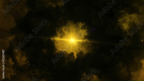 Dramatic dark bright fluffy clouds flying around lonely shining star. Animation. Abstract beautiful sky of dark yellow color  bottom view of abstract nature at night.