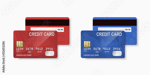 Vector 3d Realistic Red and Blue Blank Credit Card Isolated. Design Template of Plastic Credit or Debit Card for Mockup, Branding. Credit Card Payment Concept. Front, Back View, Side