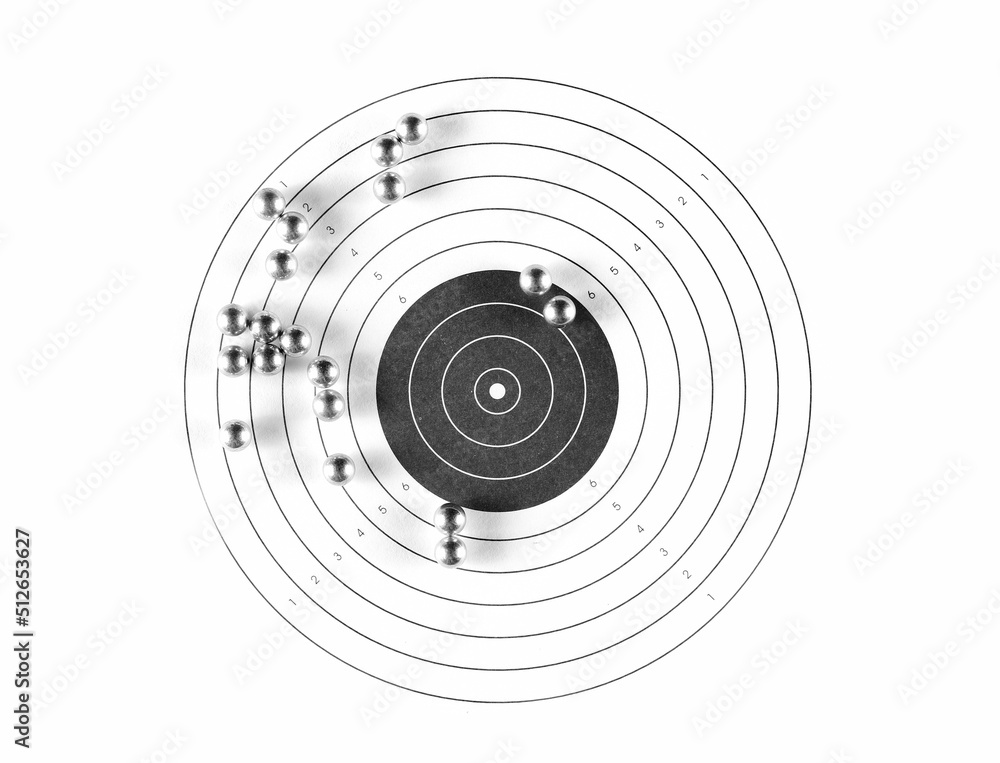 Lead pellets for air rifle and paper target isolated on white background and texture, top view Lead pellets for air rifle and paper target isolated on white background and texture, top view