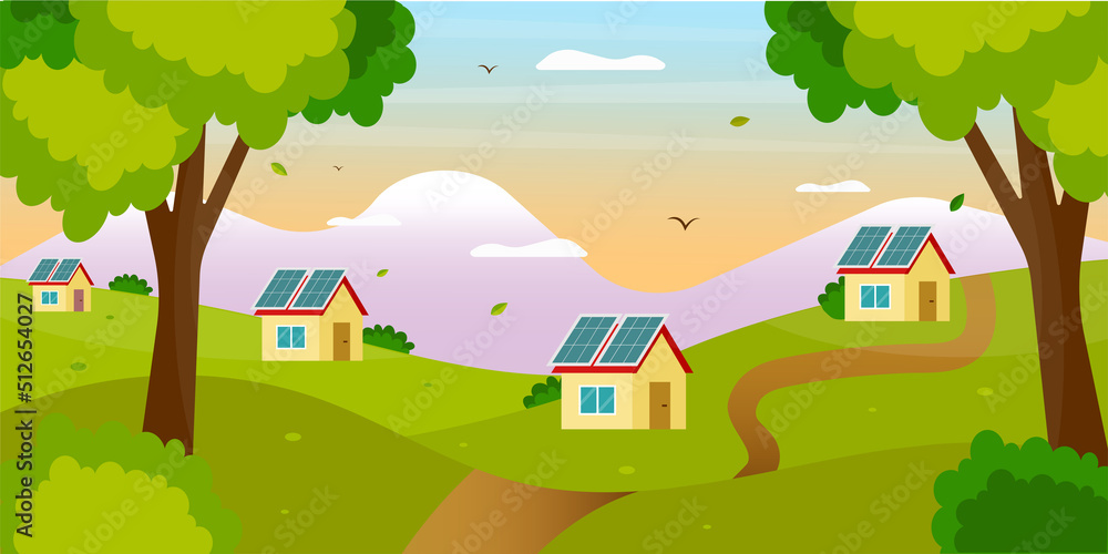 Beautiful landscape with houses and solar panels. Solar energy production vector concept illustration. Flat cartoon style.