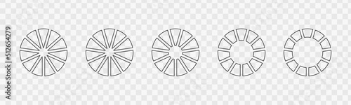 Outline donut charts or pies segmented on 11 equal parts. Set of infographic wheels divided in eleven sections. Circle diagrams isolated on transparent background. Vector graphic illustration