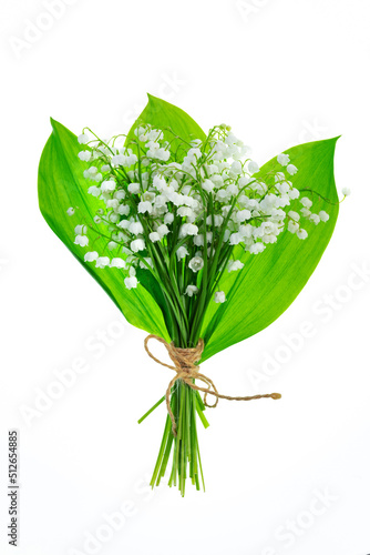 bouquet of lilies of the valley tied with a jute rope on a white background isolate