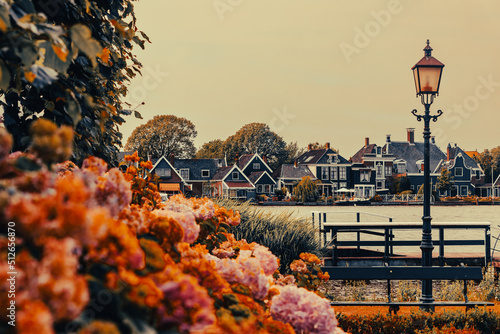Dutch old historic windmills - sunset light. Zaanse Schans, Zaandam - the Netherlands