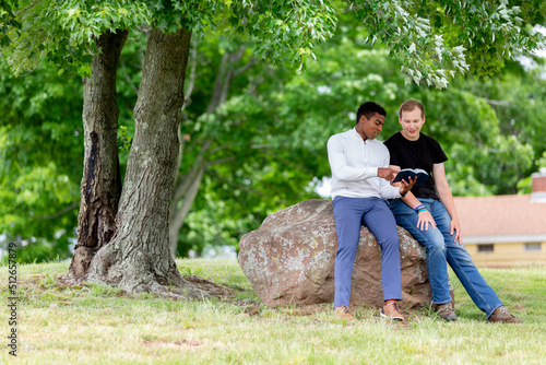Two men reading the Bible under a tree
