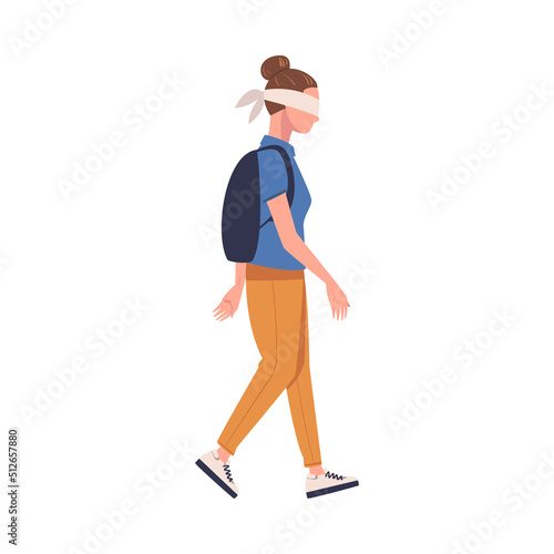 Woman Character with Backpack Wearing Blindfold Following Someone Trusting and Having Faith in Something Vector Illustration