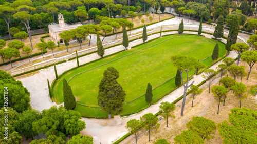 Aerial view of Siena Square in Rome, Italy. It is located inside the Villa Borghese park and equestrian competitions are held here every year.