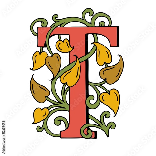 Letters T Drop Caps. Vector hand-drawing color letter. Fabulous ornament