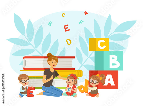 Professional Speech Therapist Teaching Little Kids Letter Pronunciation Sitting on Floor Among Books and Toy Blocks Vector Illustration