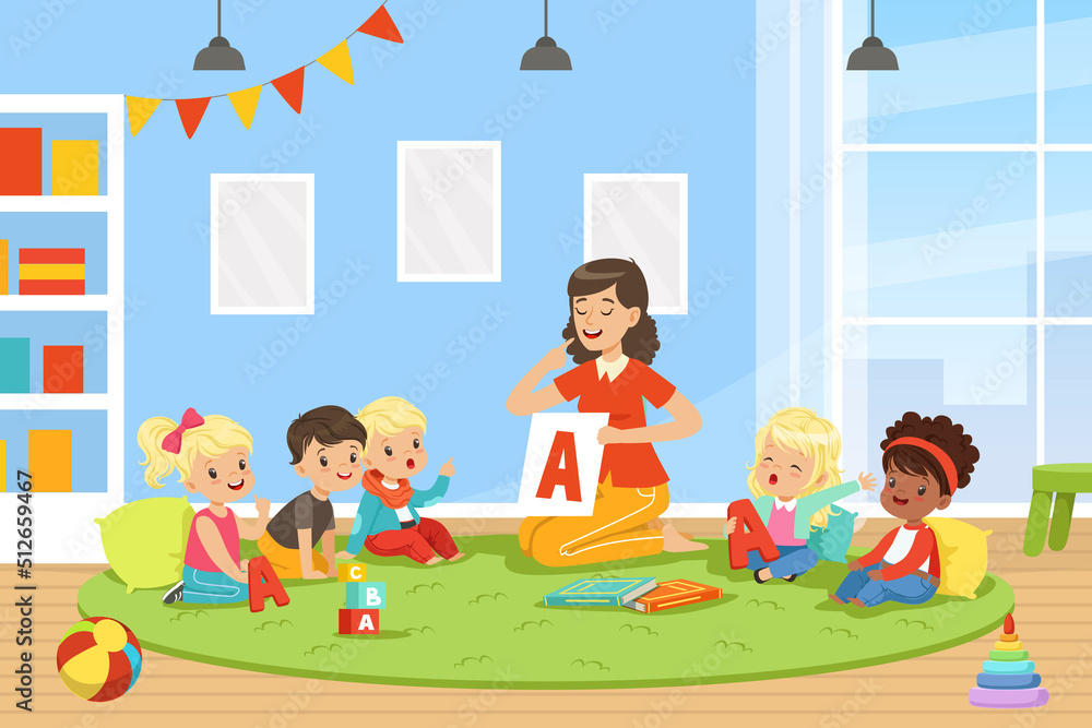 Professional Speech Therapist Teaching Little Kids Letter Pronunciation Sitting on Carpet with Card Vector Illustration Professional Speech Therapist Teaching Little Kids Letter Pronunciation Sitting on Carpet with Card Vector Illustration