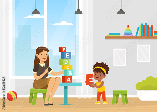 Professional Speech Therapist Teaching Little Girl Letter Pronunciation Sitting at Table with Toy Blocks Vector Illustration