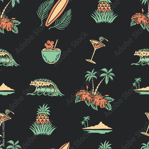 tropical illustration seamless beach pattern design vintage