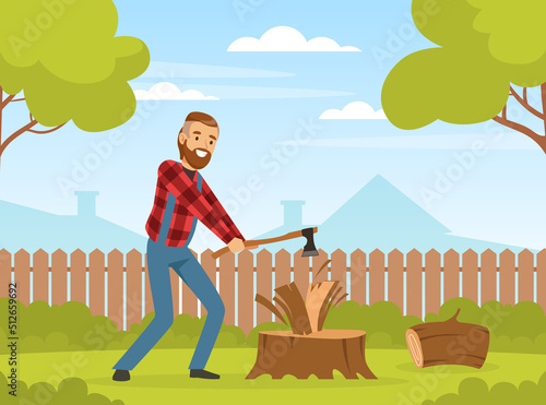 Bearded Man Lumberjack or Woodman in Red Checkered Shirt with Ax Cutting Wood Vector Illustration
