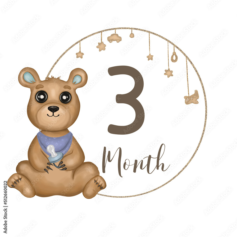 Cute baby bear boy with nipple. Hand drawn watercolor bear. Baby milestone. Monthly growth card. Isolated on white background. Design for baby growth, nursery room decor, baby shower.