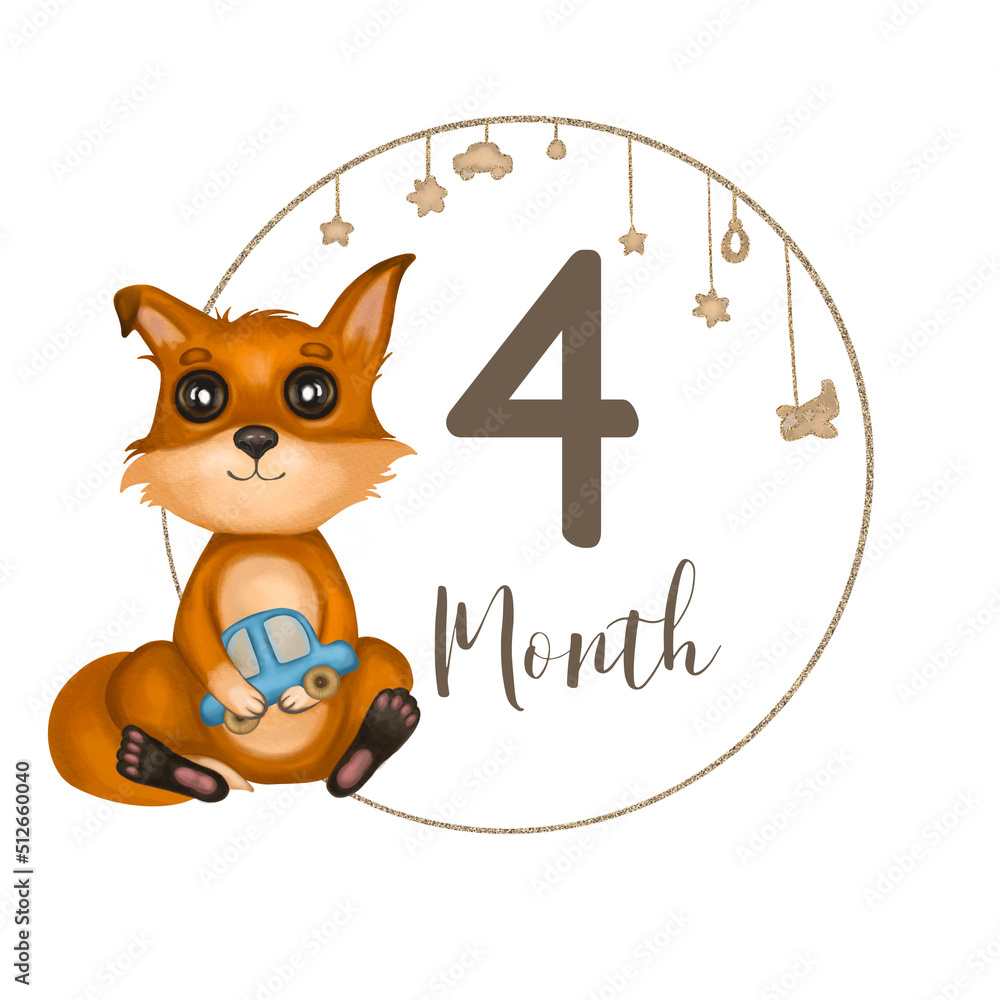 Cute baby boy fox with car. Hand drawn watercolor fox. Baby milestone