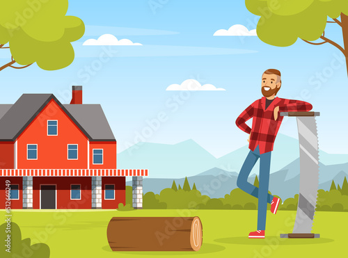 Bearded Man Lumberjack or Woodman in Red Checkered Shirt with Saw Standing on Green Lawn with Log Vector Illustration