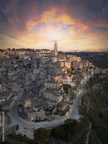 View from above, stunning aerial view of the Matera’s skyline during a beautiful sunrise. Matera is a city on a rocky outcrop in the region of Basilicata, in southern Italy..