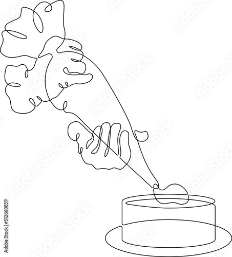 One continuous line.The confectioner prepares sweets. The baker makes a cake. Pastry. Confectionery.The chef cuts the meat. The hands of the cook. One continuous line is drawn on a white background.