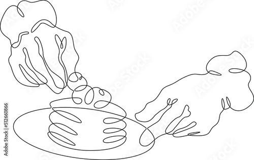 One continuous line.The confectioner prepares sweets. The baker makes a cake. Pastry. Confectionery.The chef cuts the meat. The hands of the cook. One continuous line is drawn on a white background.