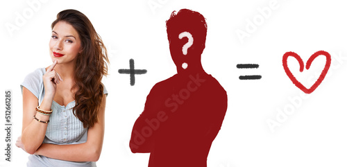 Looking for Mr. Right. Portrait of an attractive young woman standing against a white background displaying images of the concept of dating and matchmaking. photo