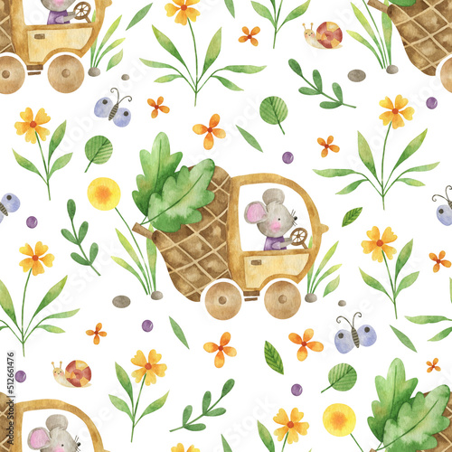 Seamless pattern with cute mouse rides in an acorn. Watercolor illustration of fairy tales. Сan be used for wallpaper,wrapping paper, scrapbooking, postcards, invitations, baby shower. © Natasha