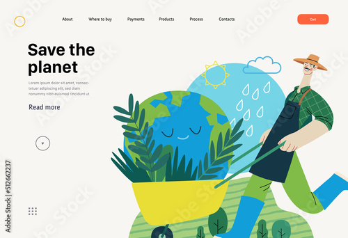 Ecology - Save the planet -Modern flat vector concept illustration of a gardener wearing a hat, apron and boots carrying a garden cart with a globe inside. Creative landing web page template