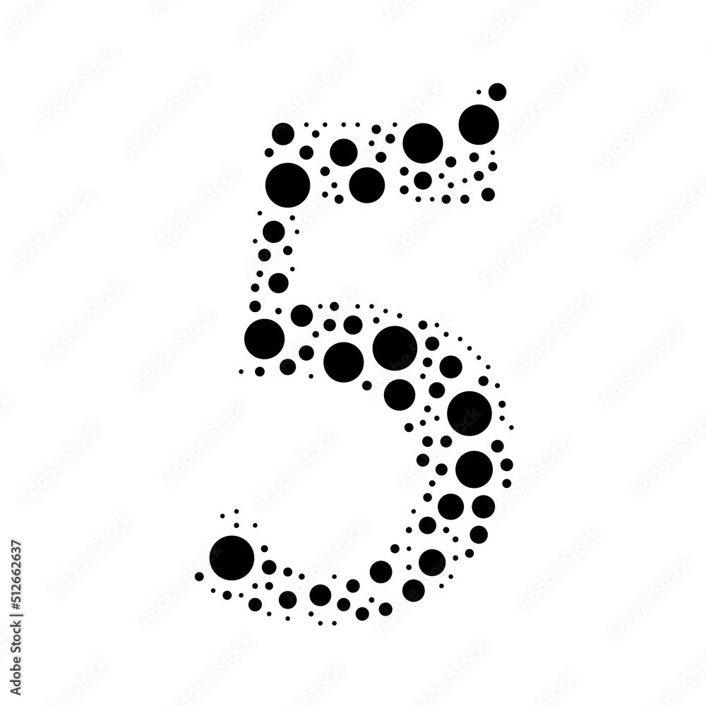 A large number five symbol in the center made in pointillism style. The center symbol is filled with black circles of various sizes. Vector illustration on white background A large number five symbol in the center made in pointillism style. The center symbol is filled with black circles of various sizes. Vector illustration on white background