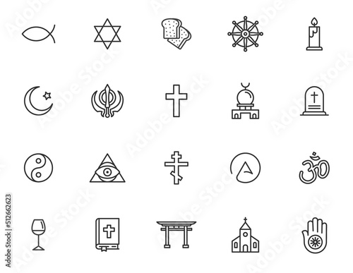 Religion symbol line icon set. Religious buddhism world culture muslim, christian church design jainism jewish vector line symbol.