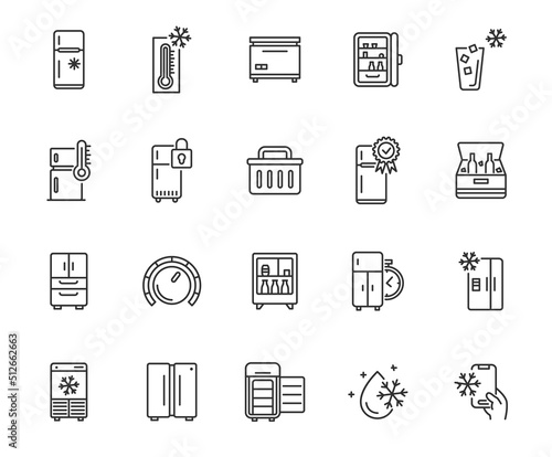Fridge line icon set. Freezer ice cold storage cold vector icon. Cooler thermometer fridge line icon.
