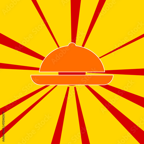 Cloche symbol on a background of red flash explosion radial lines. The large orange symbol is located in the center of the sun, symbolizing the sunrise. Vector illustration on yellow background