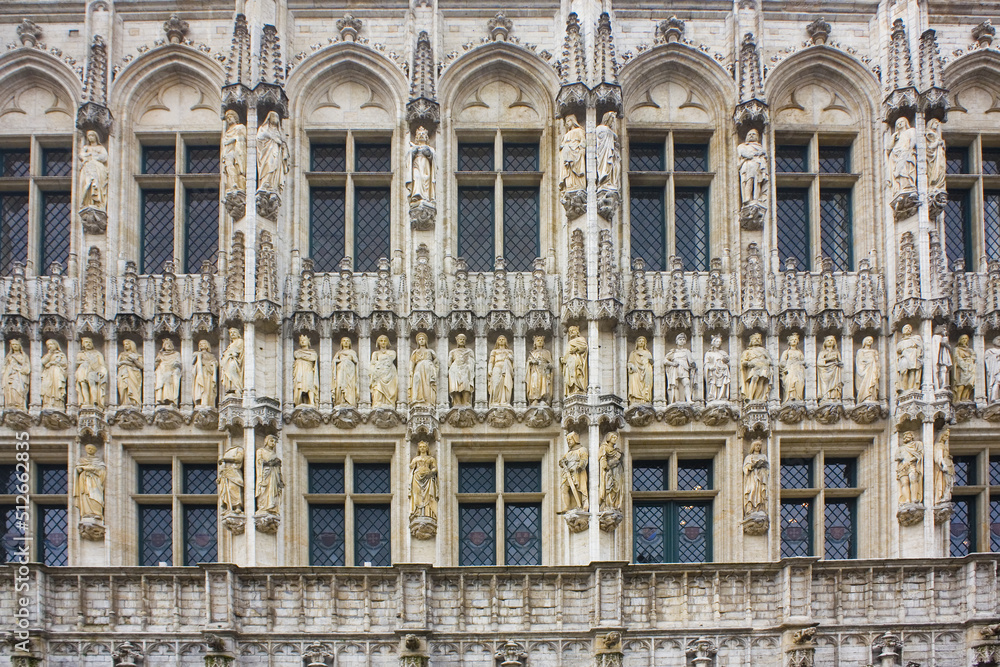 Rich sculptural decoration of Town Hall on the Grand Place in Brussels