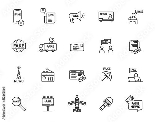 Fake new line icon set. Propaganda fake news bribery debate media vector symbol, disinformation announcement.