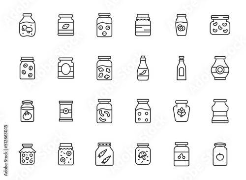 Canned preserved food line icon set. Jar natural tomato vegetables vector can marinade icon.