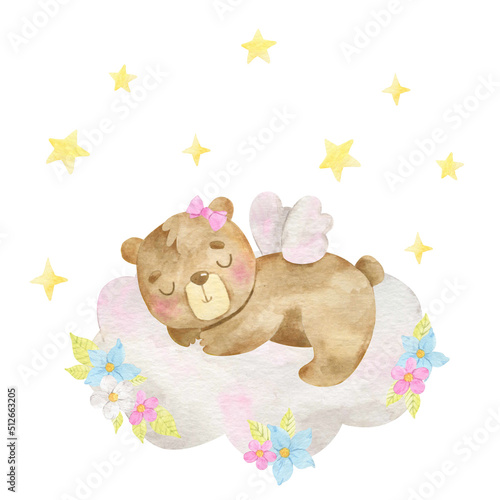 Plakaty dla dzieci  fluffy-angel-bear-girl-sleeping-on-the-cloud-with-flowers-and-stars-watercolor-hand-drawn-illustration-can-be-used-for-cards-invitations-baby-shower