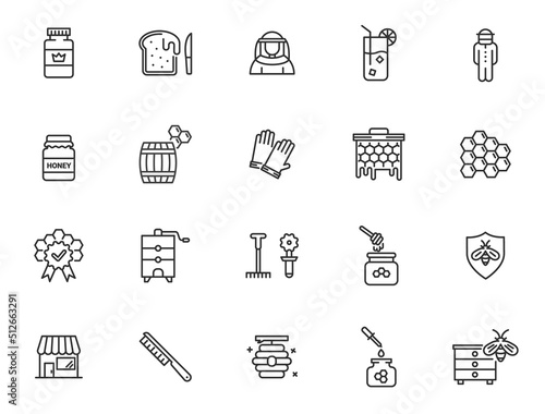 Honey beekeeper line icon set. Beeswax jar vector farming icon. Beehive honeybee apiary food symbol honeycomb.