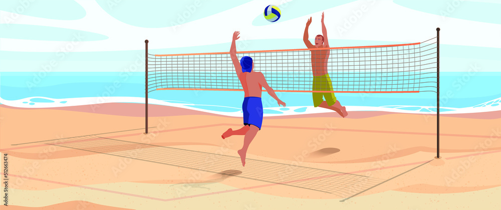Cartoon sea landscape with characters on vacation. Players in swimsuits throwing ball through net. Flat vector illustration of beachvolley.
