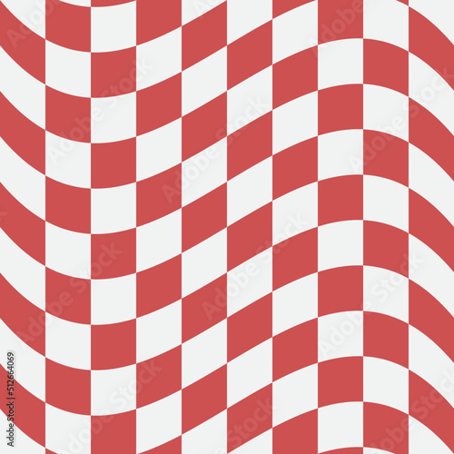 Warped Wave Checkers Seamless Pattern. Sports And Racing Background, Red Colored Wavy Distorted Checkered Design. Modern Warp Dynamic Texture for Digital, Print And Web Design. Vector EPS. 