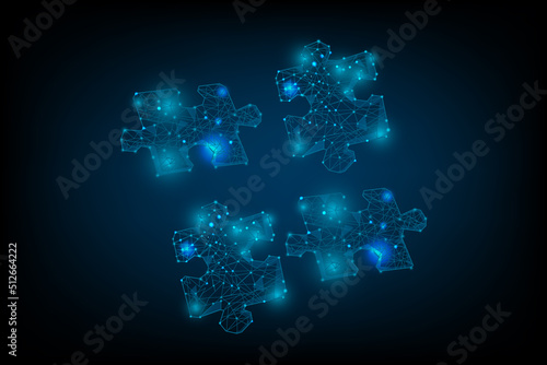 Teamwork concept with four glowing low poly jigsaw puzzle design vector illustration.
