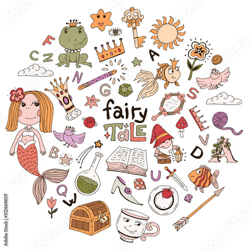 Collection color vector fairy tale elements. Hand-drawn, doodles. Illustrations for fairytales