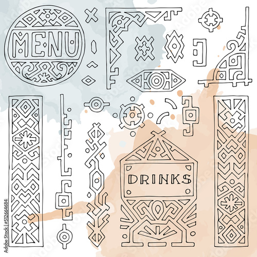 A set of ornamental design elements of menu pages. Hand-drawn collection of vector patterns