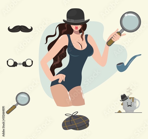 Detective set. Detective female character design with equipment. Icon set elements: lady detective, bowler hat, pipe, coffee cup, handcuffs, magnifying glass, mustache. Vector typographic design style