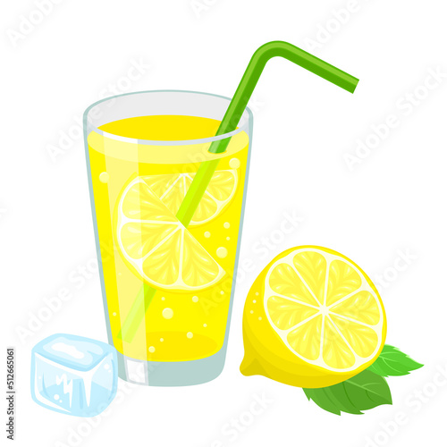 Lemonade in a glass with pieces of lemon and tube for drinking. Non-alcoholic cocktail. Vector illustration on white background. Summer chill drink.