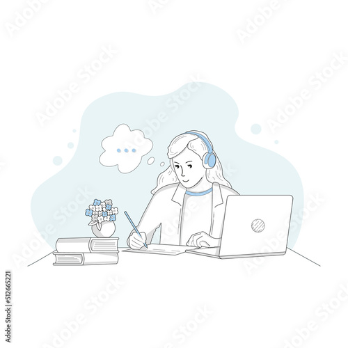 Girl studying with computer and books. Back to school, online education concept vector illustration in flat style