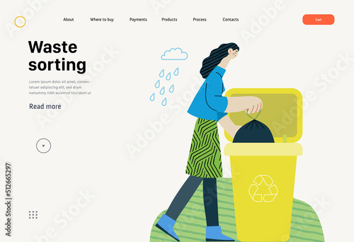 Ecology - Waste sorting -Modern flat vector concept illustration of a young woman putting a trash bag into the garbage container for plastic waste. Creative landing web page template
