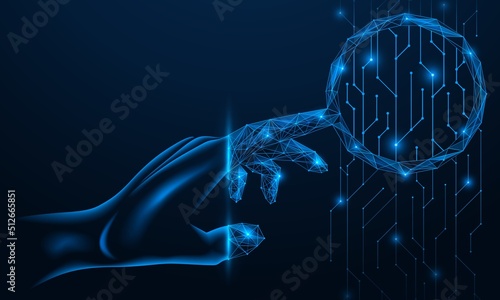 Finger of the hand in the form of a magnifying glass. Search and analysis of information in the data stream. Polygonal design of interconnected lines and points. Blue background.