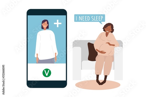 Online psychotherapy. Pregnant woman complains to doctor about lack of sleep. Doctor advises pregnant woman by phone. Sad pregnant African-American woman sits on chair. Emotions during pregnancy.