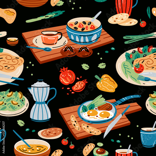 Colored seamless pattern of food and drink. Vector illustration for design of menu. Wallpaper, print, packaging, paper, textile design.