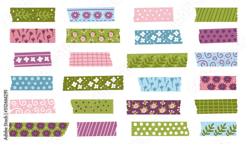 Colored decorative spring tape mini washi sticker decoration. Set of colorful floral patterned washi tape strips and pieces of duct paper. Vector illustration