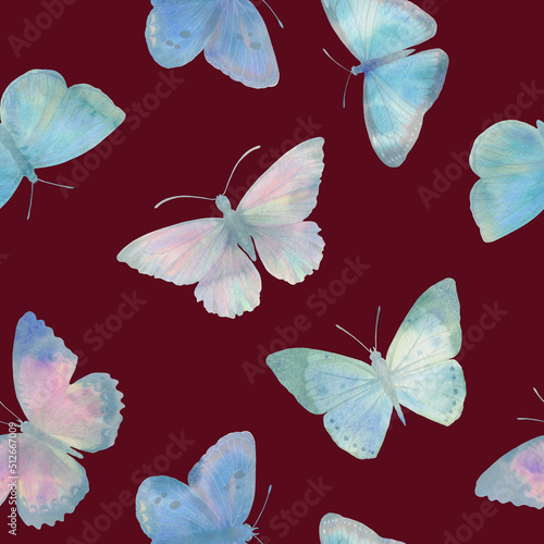 Seamless pattern Watercolor butterflies on a bright background. Botanical background of butterflies for design, wallpapers, wrapping paper, textiles. © Sergei