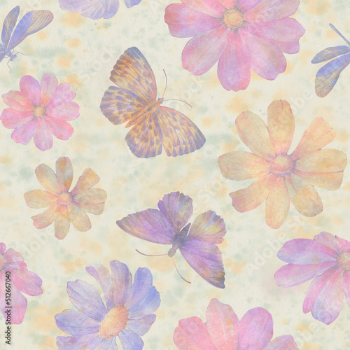 Abstract, watercolor, seamless background for design, from delicate flowers and butterflies. © Sergei